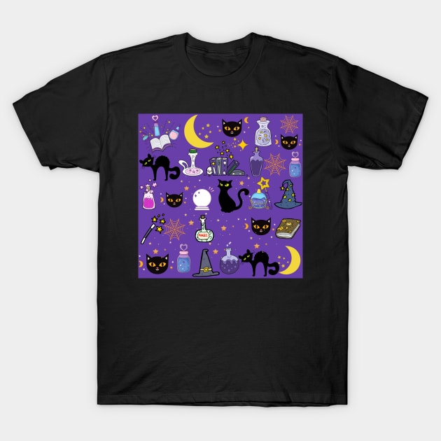 Black Cat Black Magic_Purple Background T-Shirt by leBoosh-Designs